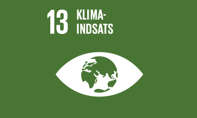 FN's verdensmål 13 med teksten klimaindsats. Grøn baggrund med et hvidt øje, hvor pupillen er en jordklode. 